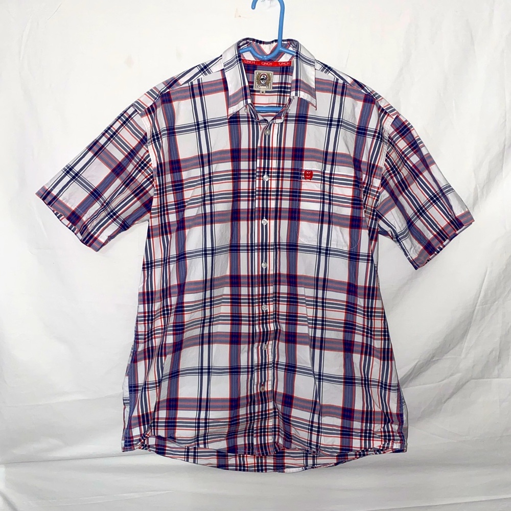 Cinch Western Button Down Short Sleeve Shirt - Plaid / Red-Blue - Sz M